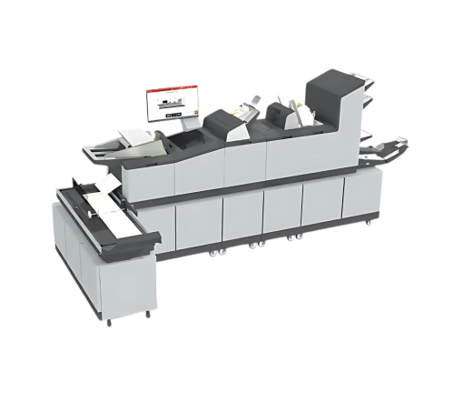 A Formax 7700 series Paper Inserter with a digital touchscreen display and paper trays